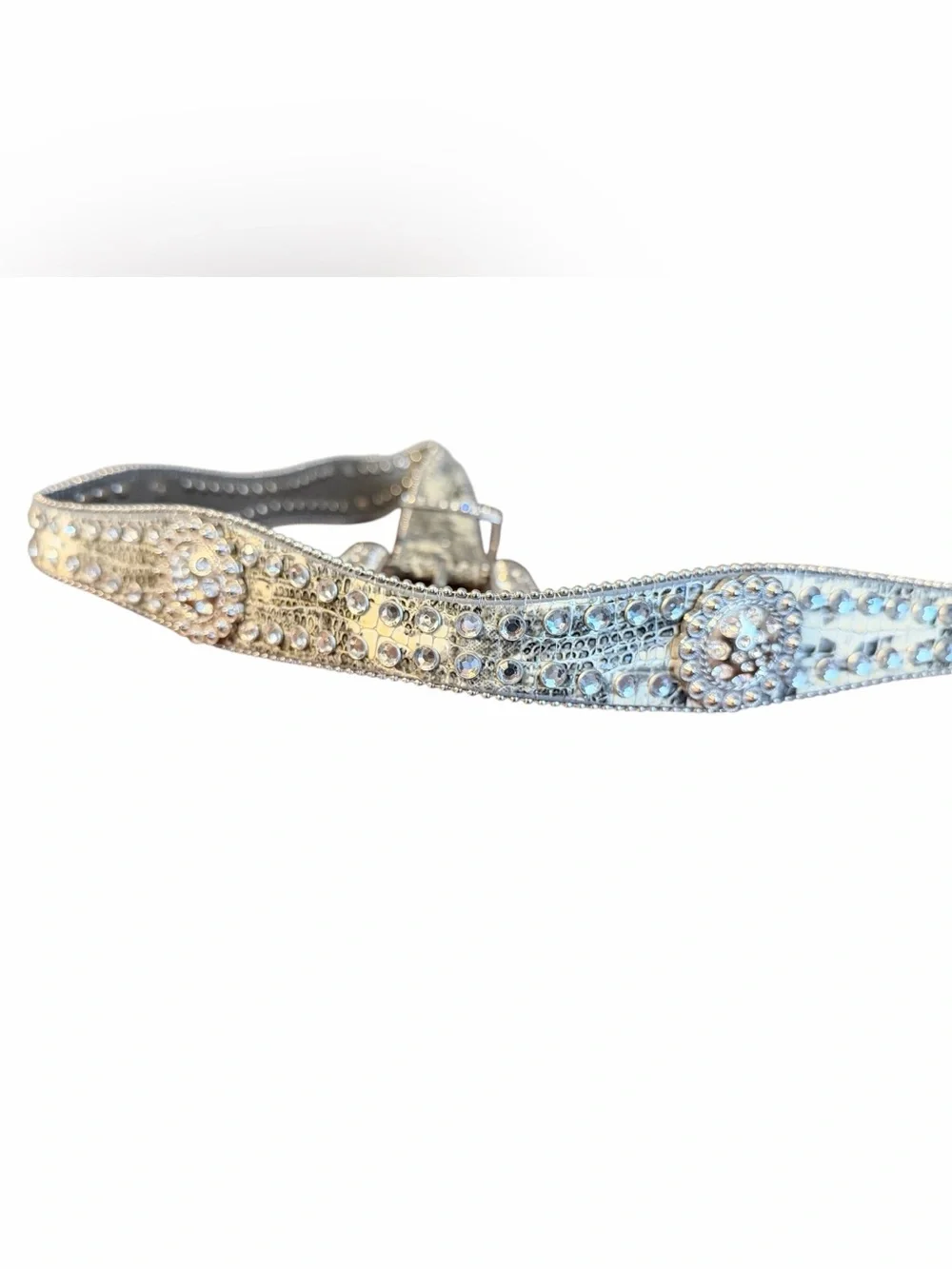 Rhinestone Embellished Metallic Women's Belt - silver, cream and grays, L-XL